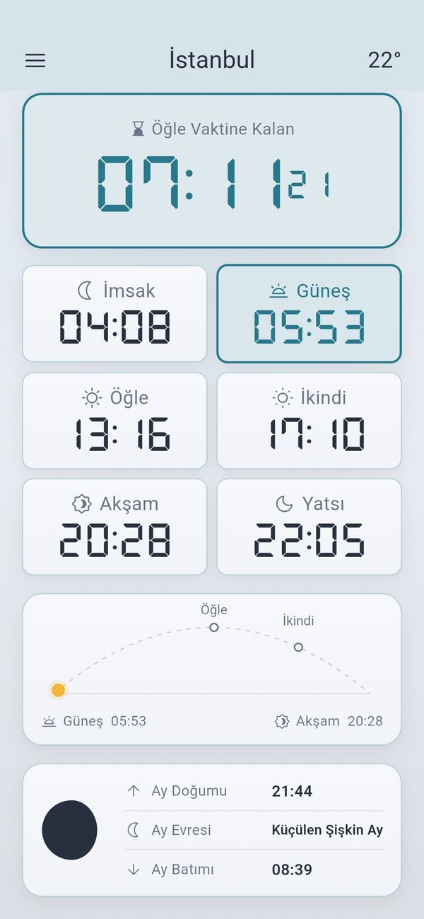 Ana ekran — tüm namaz vakitleri, canlı geri sayım, gök yayı ve ay evresi