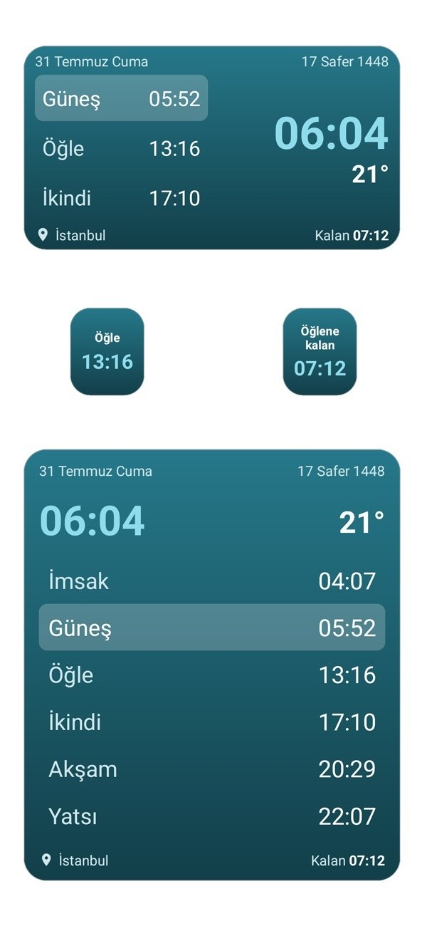 Ana ekran widget'ları — farklı boyut ve renklerde