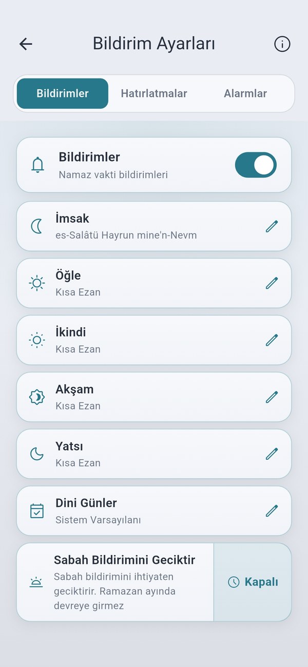 Bildirimler — her vakit için ayrı ezan sesi ve bildirim seçimi