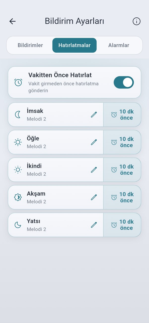 Hatırlatmalar — vakit girmeden önce, her vakit için ayrı süre ve ses