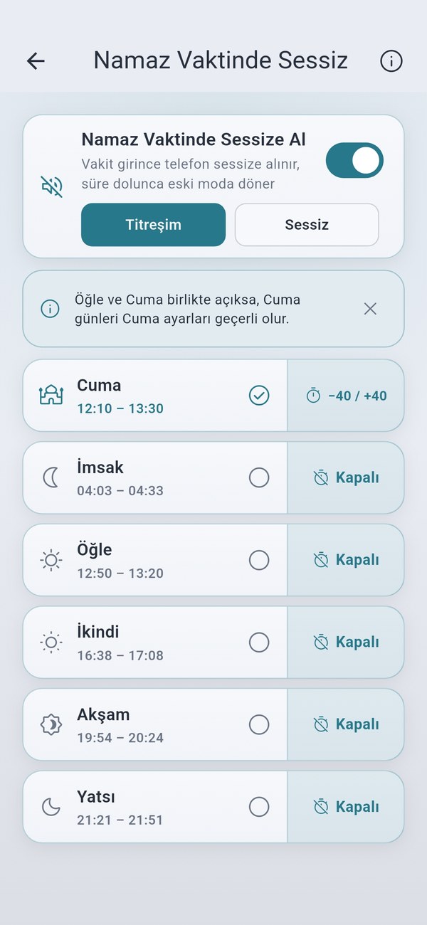 Namaz vaktinde sessiz — telefon vakit boyunca otomatik sessize alınır