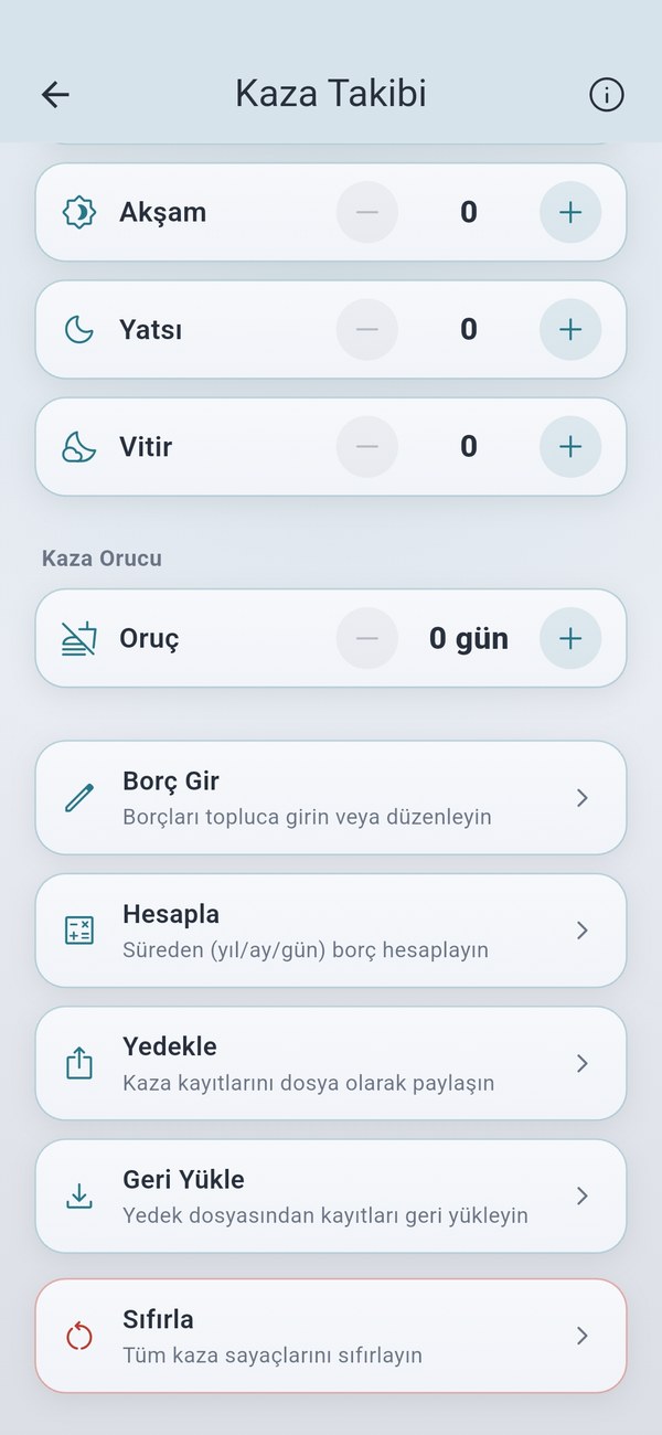 Kaza takibi — namaz ve oruç borcu, hesaplama ve yedekleme