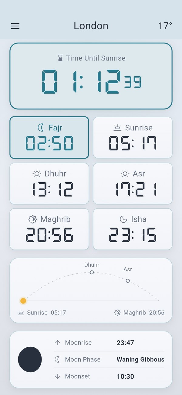 Home — all prayer times, live countdown, sky arc and moon phase