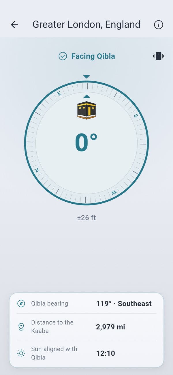 Qibla compass — bearing and distance to the Kaaba