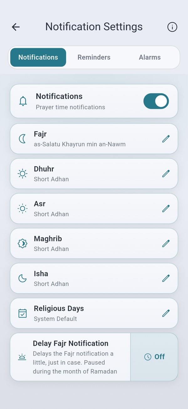 Notifications — a separate adhan sound and setting for each prayer