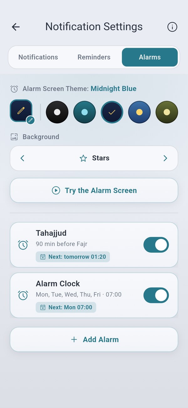 Alarms — clock alarms and prayer-linked alarms, with alarm screen theme