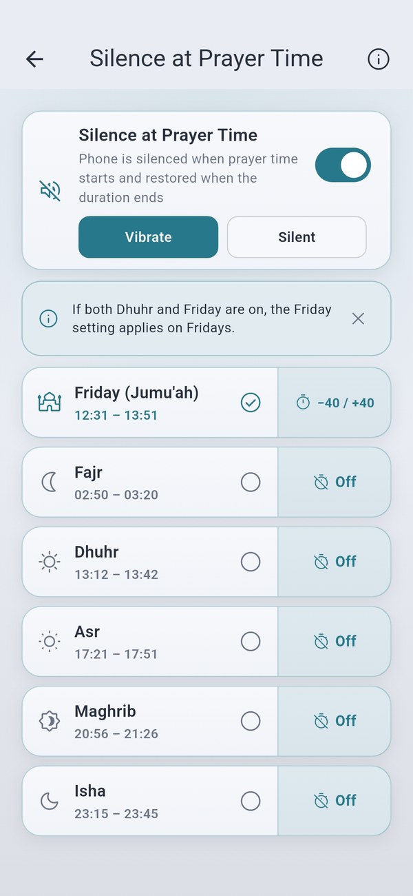 Silent during prayer — the phone is muted automatically for the duration