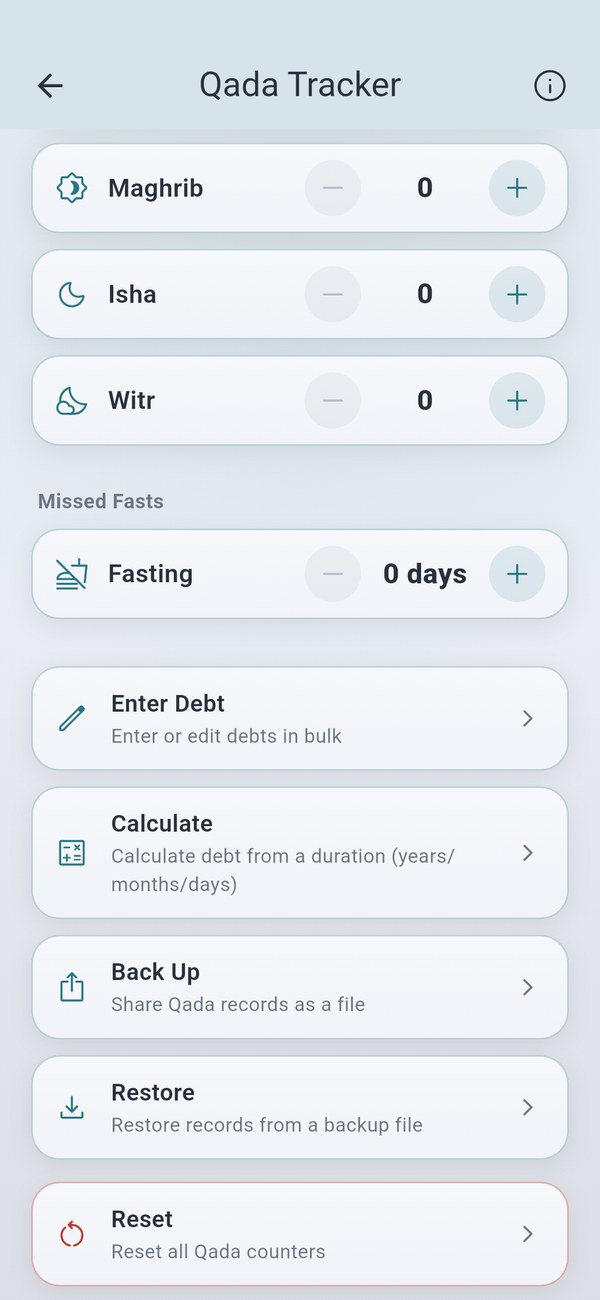 Missed prayer tracking — prayers and fasts, calculator and backup